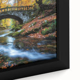 Close-up of a framed landscape bridge canvas art piece, showcasing vibrant colors and intricate details of nature, perfect for home decor and art enthusiasts.