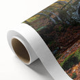 Rolled canvas showcasing a vibrant landscape bridge artwork with rich colors and intricate details, securely packaged in a protective cardboard tube for easy shipping.