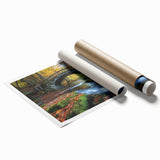 Rolled print showcasing a stunning landscape bridge design, featuring vibrant colors and intricate details, securely packaged in a protective cardboard tube.