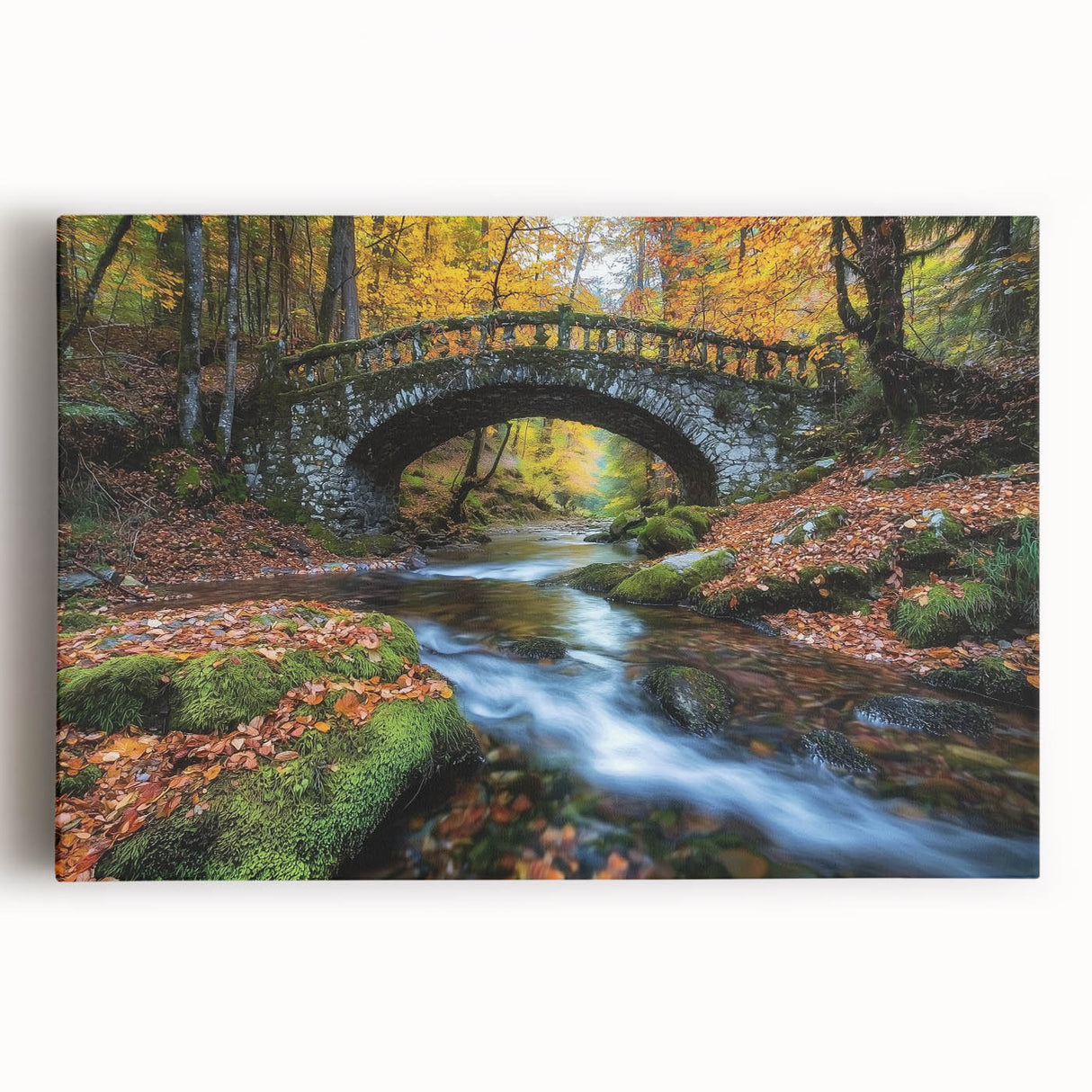 Stretched canvas artwork depicting a serene landscape bridge scene with vibrant colors and intricate details, perfect for home decor or office aesthetics.