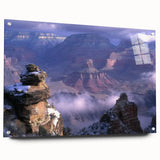 Acrylic glass artwork showcasing a vibrant landscape of canyons, displayed from a side view with stylish pins for hanging, enhancing any modern decor.