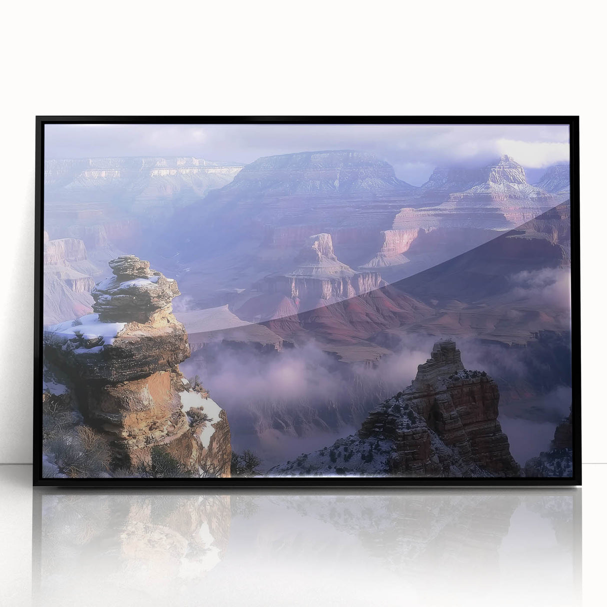 Framed acrylic artwork depicting a vibrant landscape of canyons, featuring rich earthy tones and dramatic rock formations, ideal for enhancing modern home decor.
