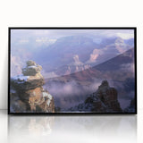 Framed acrylic artwork depicting a vibrant landscape of canyons, featuring rich earthy tones and dramatic rock formations, ideal for enhancing modern home decor.