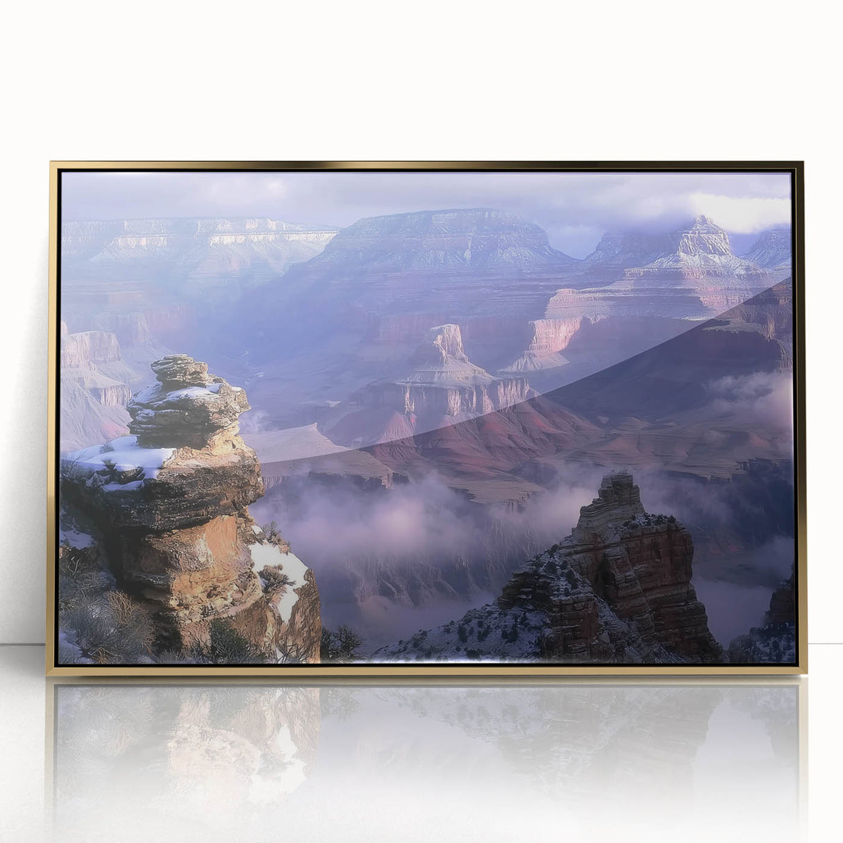 Framed acrylic art featuring a vibrant landscape of canyons with golden hues, showcasing dramatic rock formations and a serene sky, perfect for home decor.