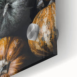 Large abstract wall art depicting autumn colors in mid-century modernist style on acrylic glass, ideal for dining room decor.