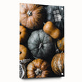 Large abstract wall art depicting fall seasons in orange and brown tones on acrylic glass.
