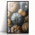 Large abstract wall art depicting autumnal hues in a mid-century modernist style, framed in black acrylic.