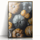Large art print of a mid-century modernist fall scene in muted gold and orange tones on framed acrylic.