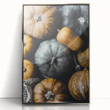 Mid-century modernist art depicting fall trees in orange and brown tones on a silver-framed acrylic print.