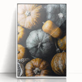 Art deco poster of a stylized fall landscape in orange and brown tones, framed in white acrylic.