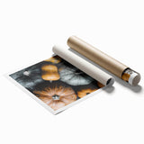 Extra large rolled print featuring a serene fall floral scene in muted orange and brown tones.