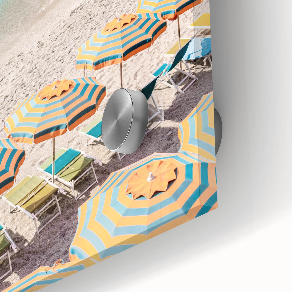Large abstract wall art in vibrant orange and yellow tones on acrylic glass, ideal for dining room ambiance.