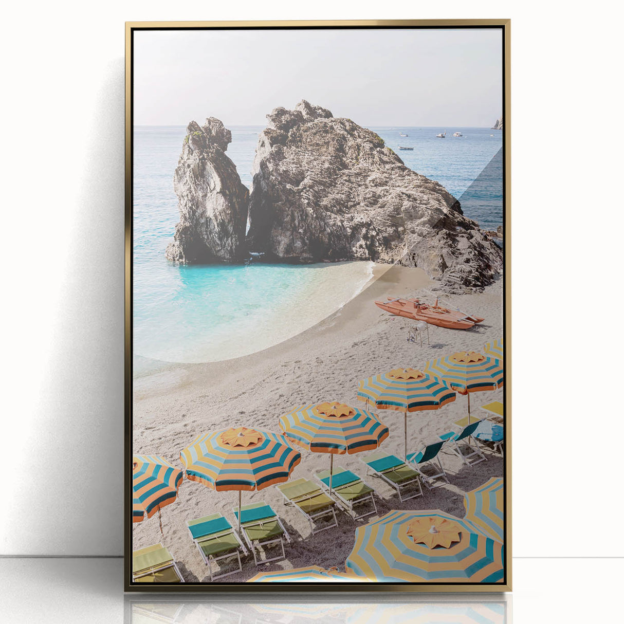 Large art print featuring a mid-century modernist abstract design in gold and white tones on acrylic.