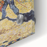 Large abstract art print on acrylic, featuring swirling blue and yellow tones in a mid-century modernist style.