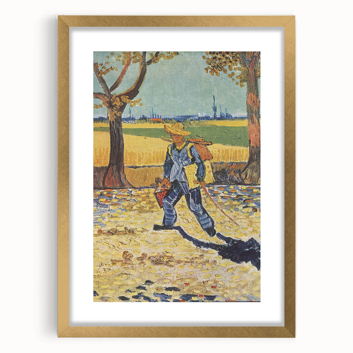 Abstract art print featuring swirling blue and yellow patterns on a framed canvas, suitable for bedroom or dining room decor.