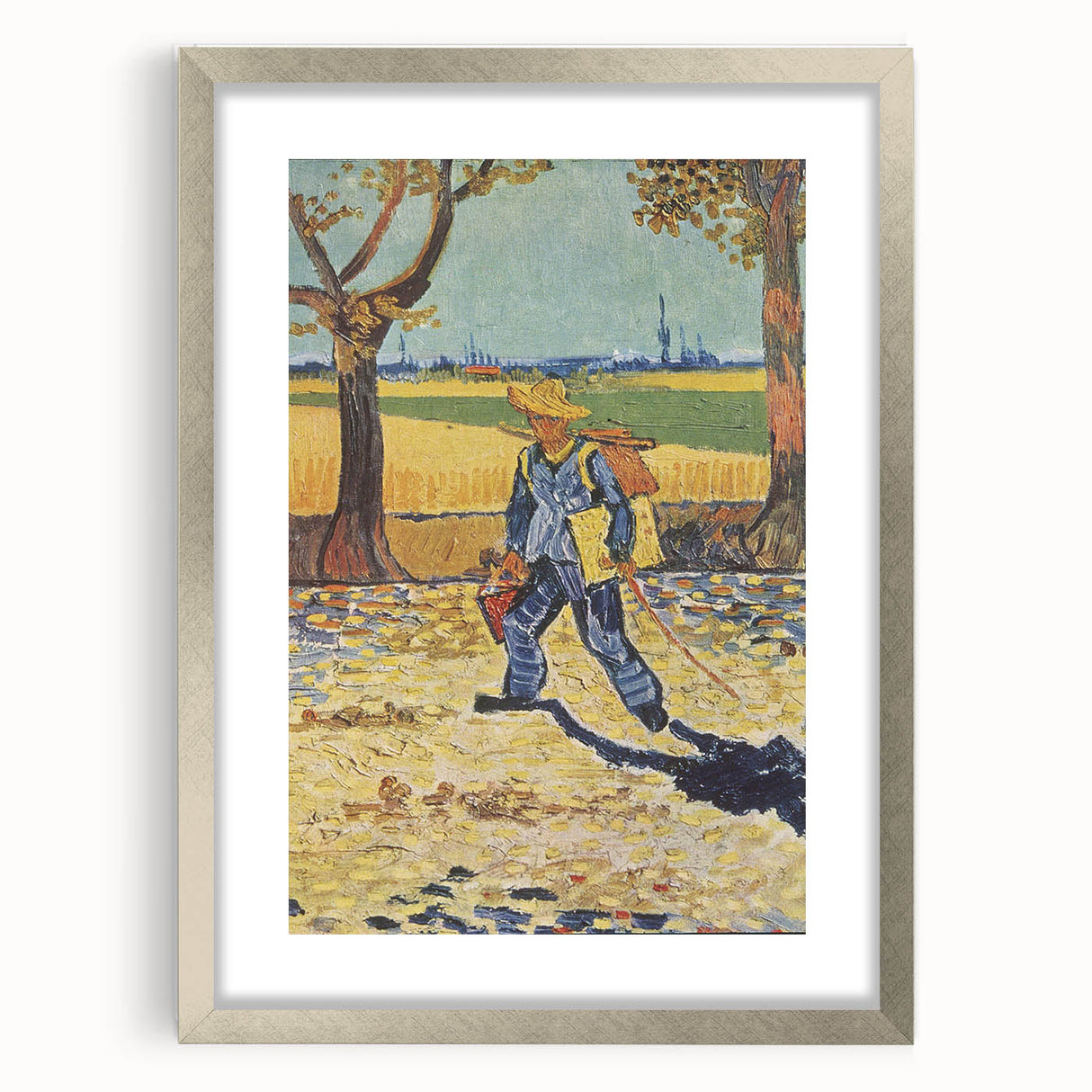 Extra large abstract art print featuring textured swirls in vibrant blues and yellows on a silver-framed canvas.