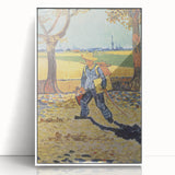 Mid-century modernist art depicting a starry night scene in dark blue and yellow hues on a white framed acrylic print.