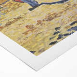 Art deco poster featuring a stylized, geometric cityscape in muted gold and navy tones on rolled canvas.