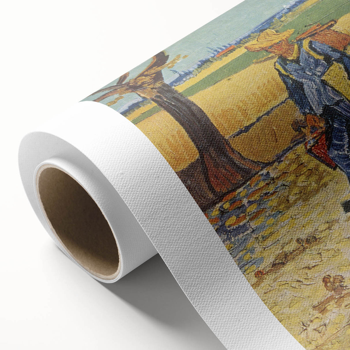 Art deco style poster of a Van Gogh painting on rolled canvas, with vivid blues and yellows, suitable for nursery wall art.