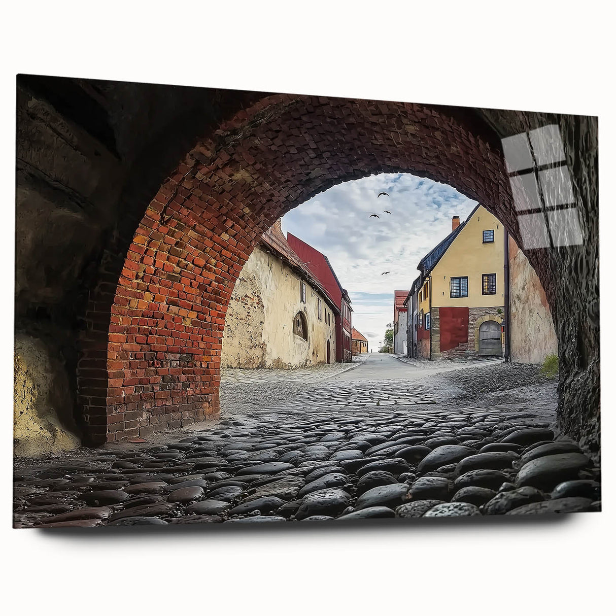 Acrylic glass landscape artwork showcasing a majestic castle, viewed from the side without pins, highlighting vibrant colors and intricate details, perfect for home decor.
