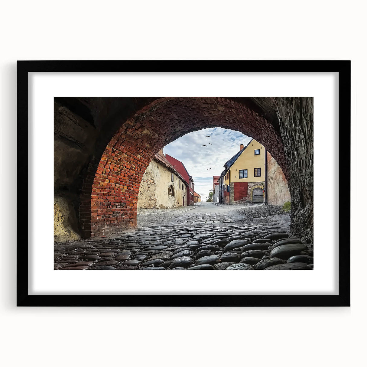 Black-framed landscape artwork featuring a majestic castle surrounded by lush greenery, elegantly presented with a white mat for a refined display.