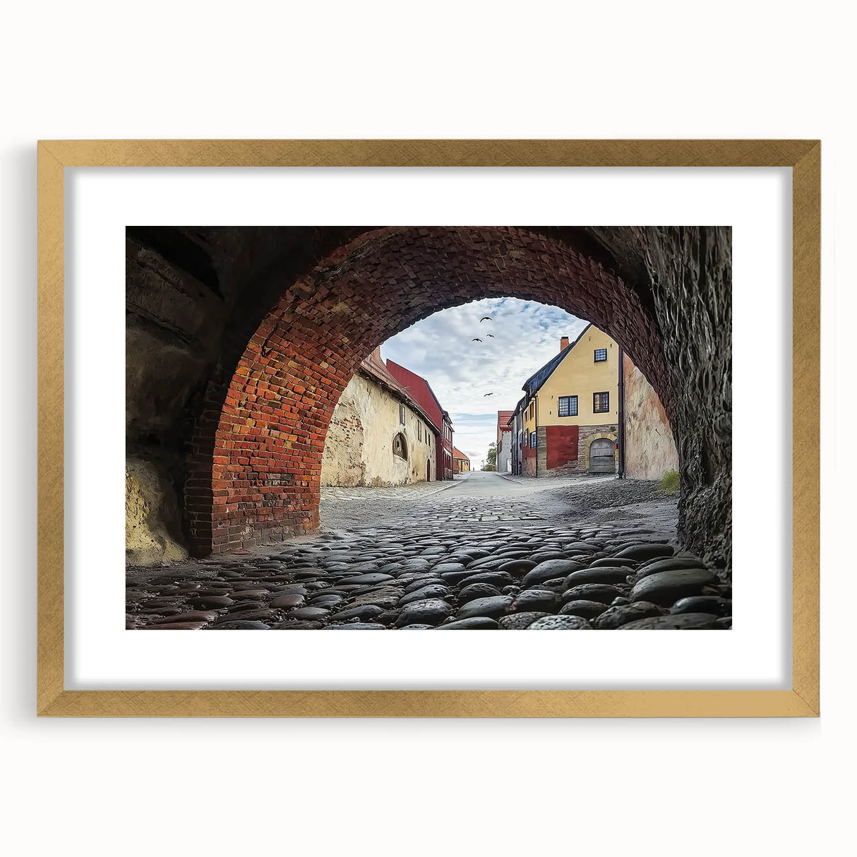 Elegant gold-framed landscape artwork depicting a majestic castle surrounded by lush greenery and a serene sky, ideal for enhancing home decor with a touch of sophistication.