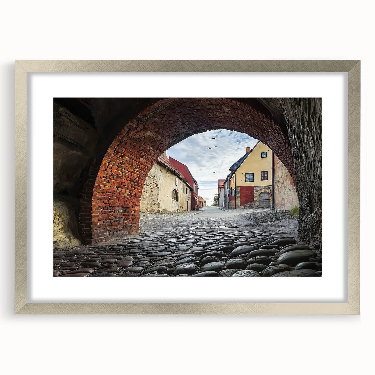 Framed landscape artwork depicting a serene castle scene, elegantly showcased in a silver mat, perfect for home decor or art enthusiasts.