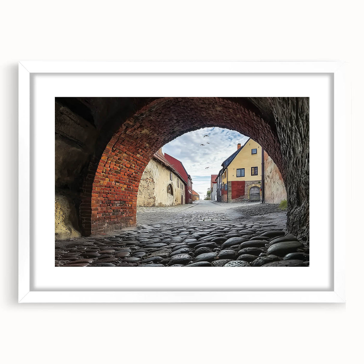 Elegant framed landscape artwork depicting a serene castle scene, featuring a white mat border and a sleek black frame, perfect for home or office decor.
