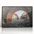 Framed acrylic artwork showcasing a stunning landscape with a majestic castle set against a vibrant sky, presented in a sleek black frame, ideal for home decor.