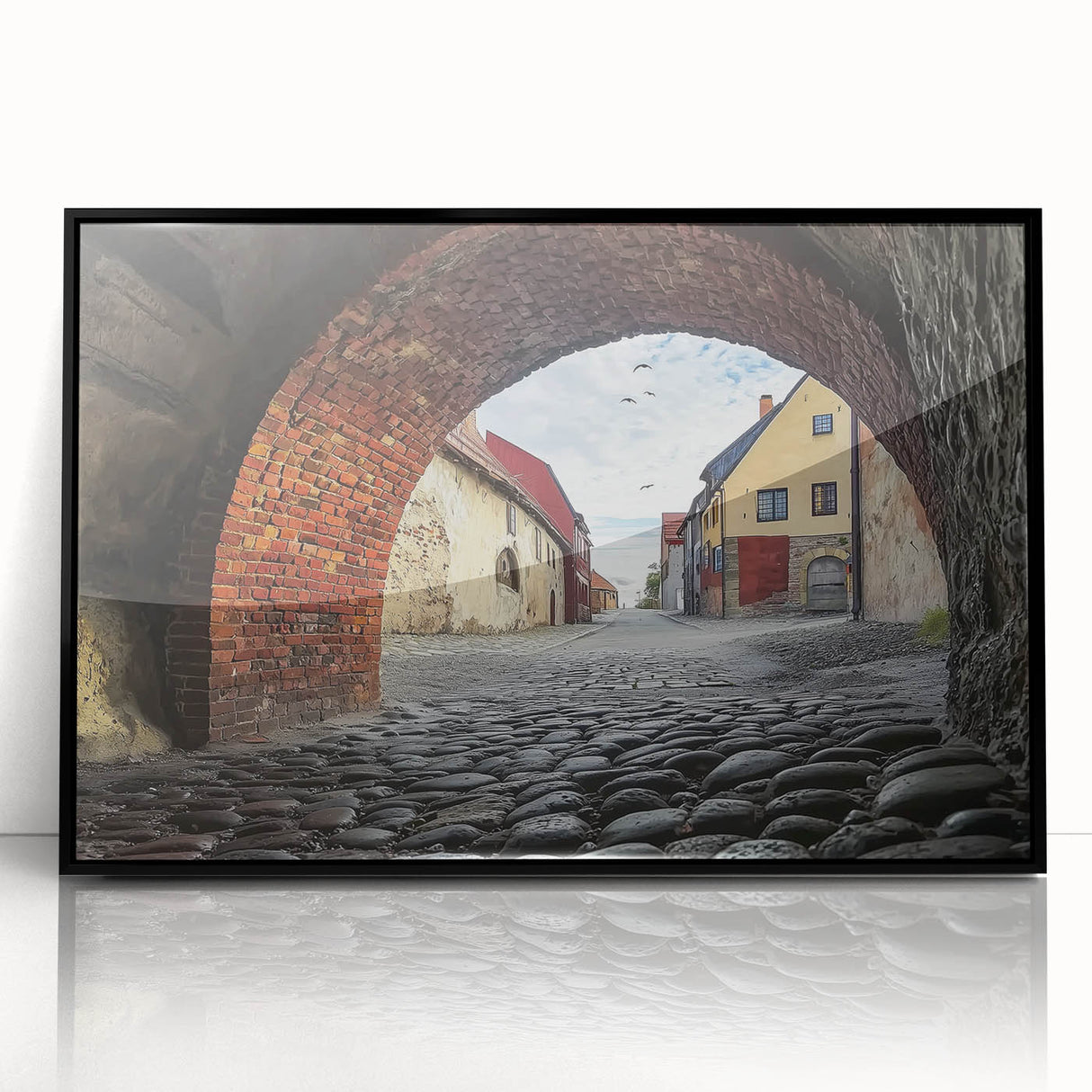 Framed acrylic artwork showcasing a stunning landscape with a majestic castle set against a vibrant sky, presented in a sleek black frame, ideal for home decor.