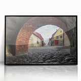 Framed acrylic artwork showcasing a stunning landscape with a majestic castle set against a vibrant sky, presented in a sleek black frame, ideal for home decor.