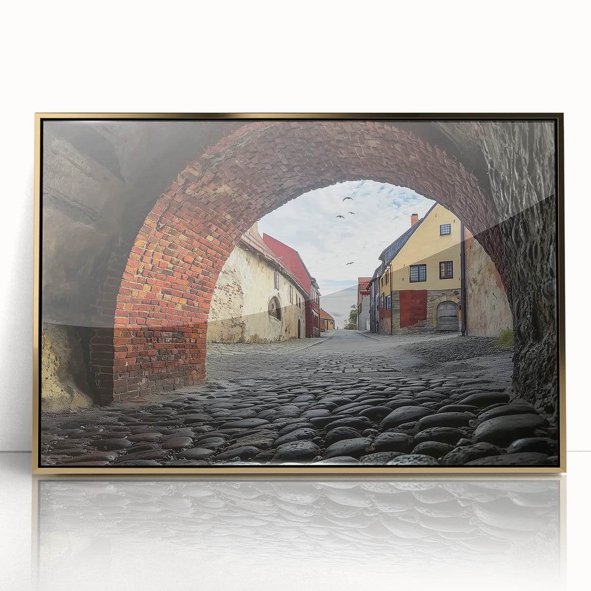 Framed acrylic artwork showcasing a stunning landscape with a majestic castle, set against a vibrant sunset background and elegant gold frame, perfect for home decor.