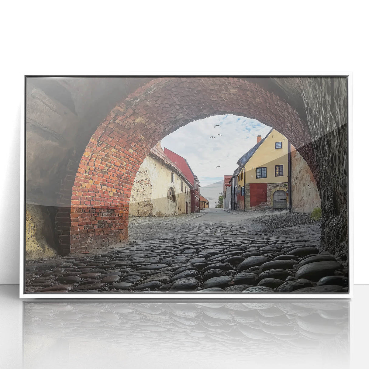 Framed acrylic landscape artwork showcasing a majestic castle surrounded by lush greenery, presented in a sleek white frame, ideal for home decor.