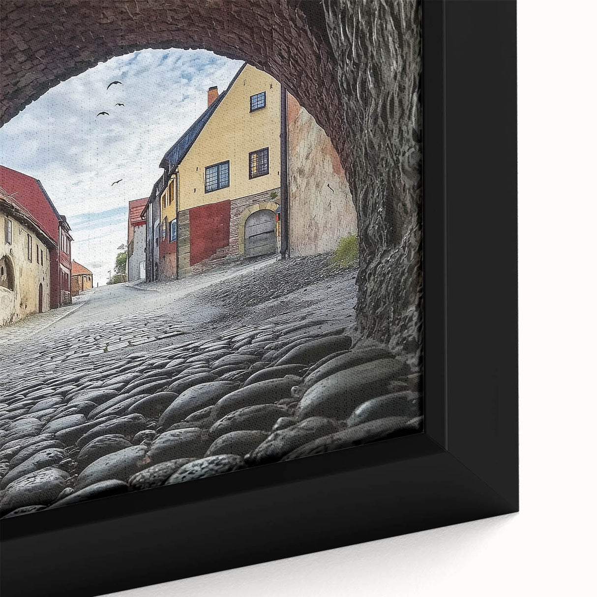 Close-up of a framed canvas artwork depicting a serene landscape with a castle, featuring vibrant colors and intricate details, perfect for home decor.