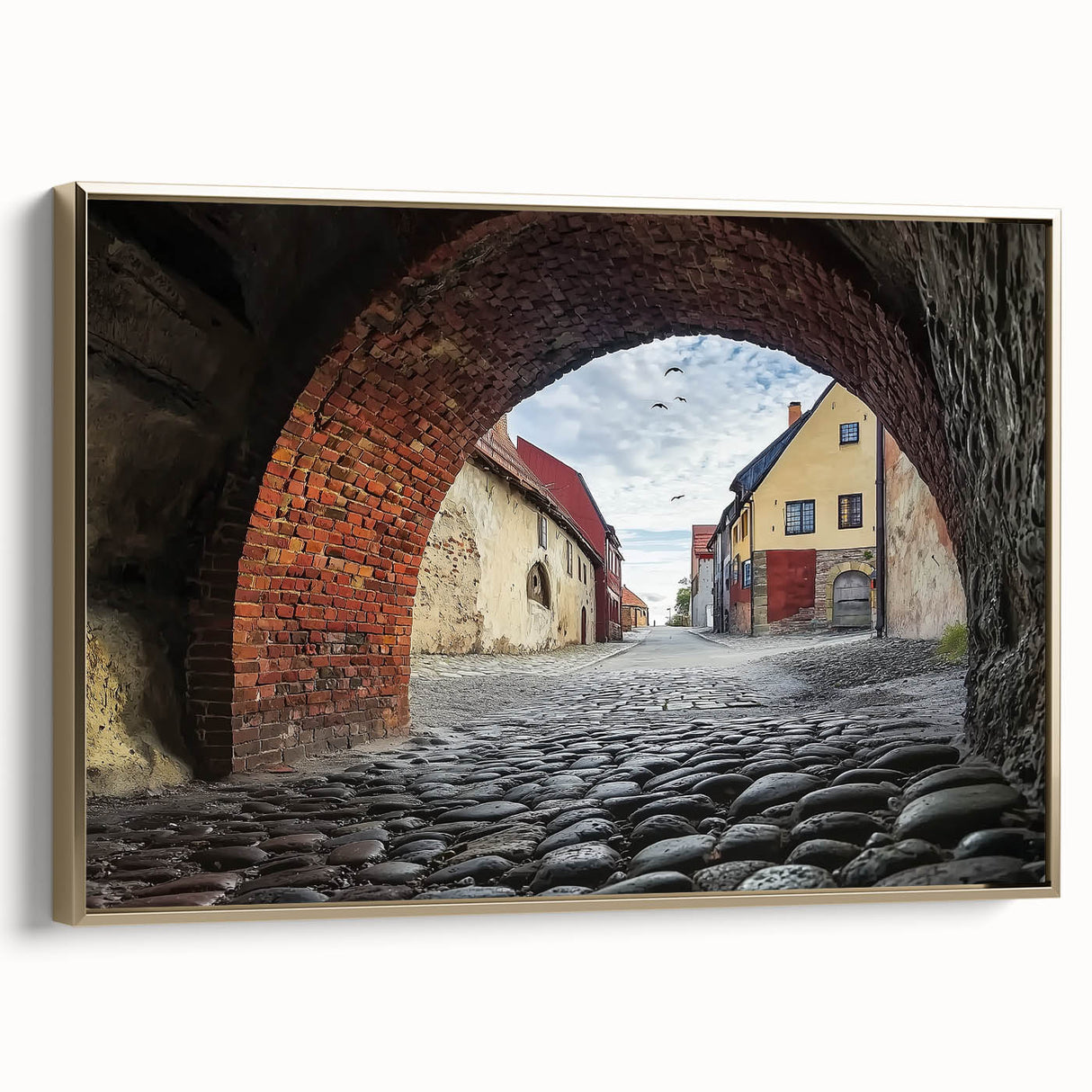 Framed canvas artwork depicting a majestic castle landscape, featuring intricate details and a gold frame that enhances its elegance, ideal for home decor.