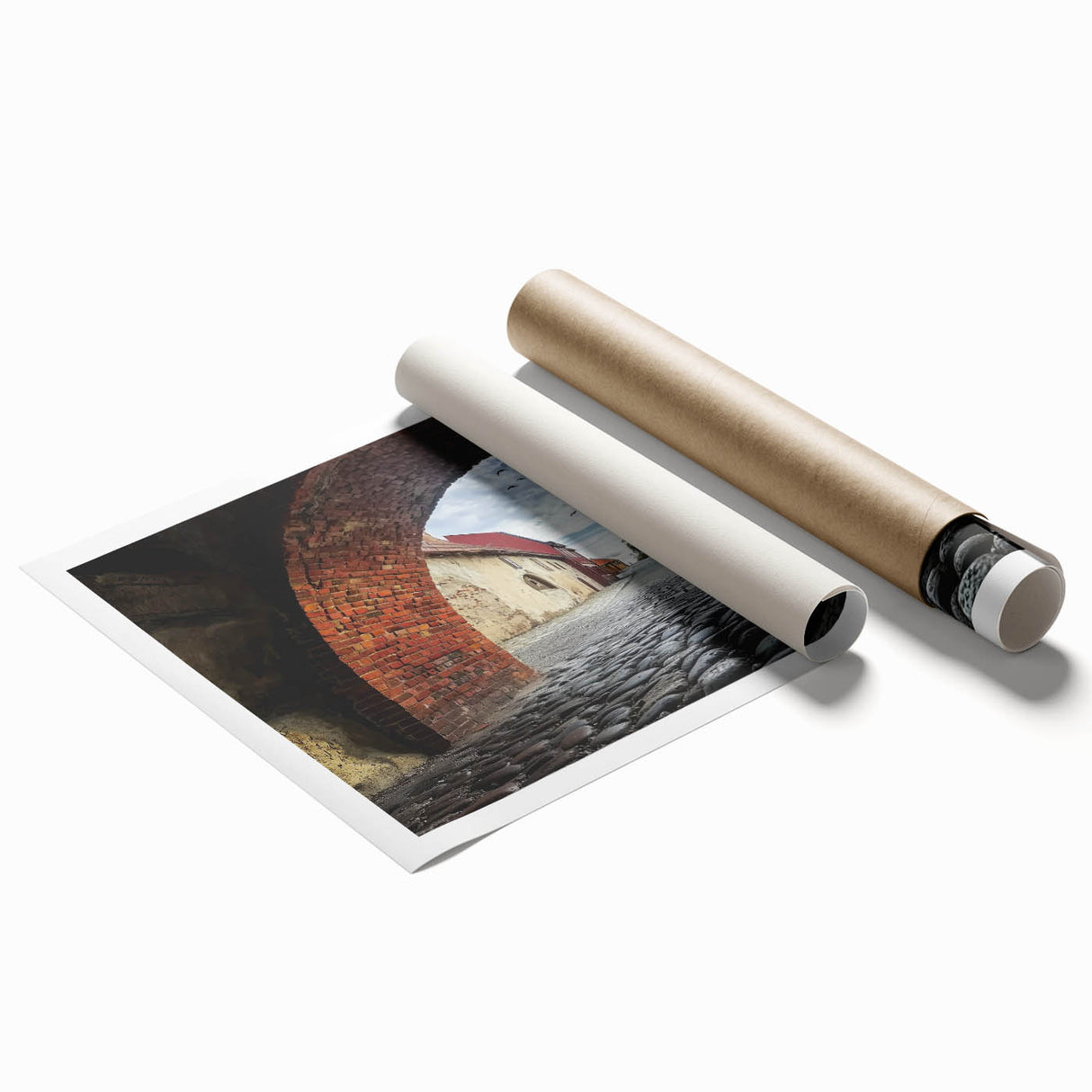 Landscape canvas print showcasing a majestic castle surrounded by lush greenery, elegantly rolled for easy transport and storage in a durable tube, perfect for home decor.