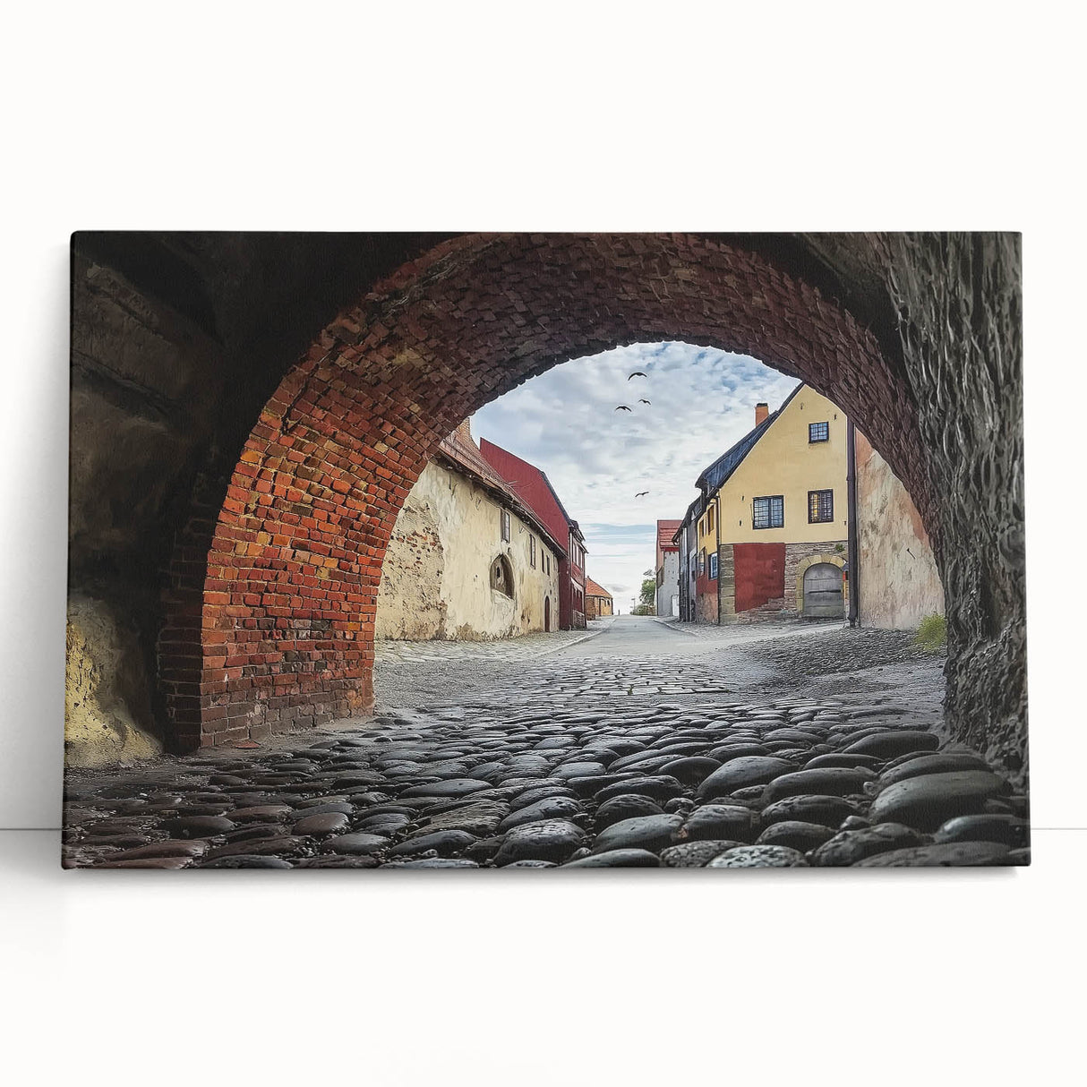 Stretched canvas artwork depicting a majestic landscape with a castle set against a vibrant sunset, showcasing rich colors and intricate details, ideal for enhancing home decor.