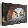 Stretched canvas artwork depicting a scenic landscape with a majestic castle set against a vibrant sunset. The piece features rich colors and intricate details, perfect for enhancing home decor. Ideal for art enthusiasts seeking to elevate their living space with classic elegance and charm.