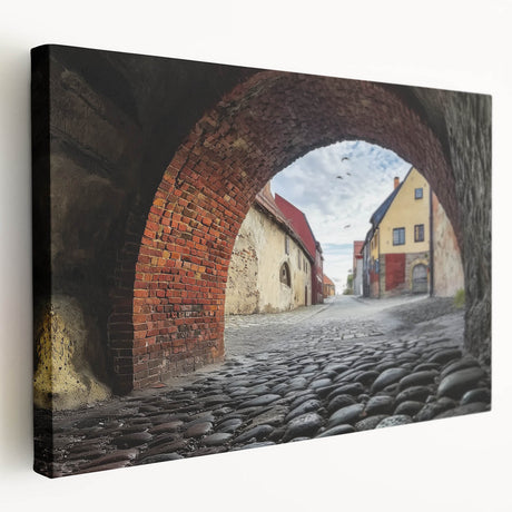 Stretched canvas artwork depicting a scenic landscape with a majestic castle set against a vibrant sunset. The piece features rich colors and intricate details, perfect for enhancing home decor. Ideal for art enthusiasts seeking to elevate their living space with classic elegance and charm.