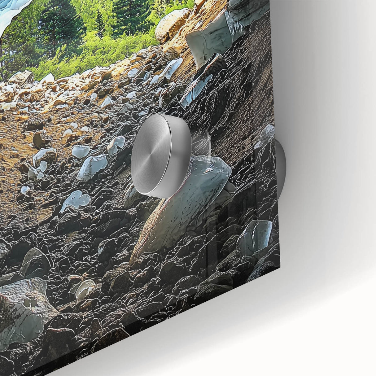 Close-up of a vibrant acrylic painting depicting abstract landscapes and caves, showcasing rich colors and intricate details, perfect for modern home decor.