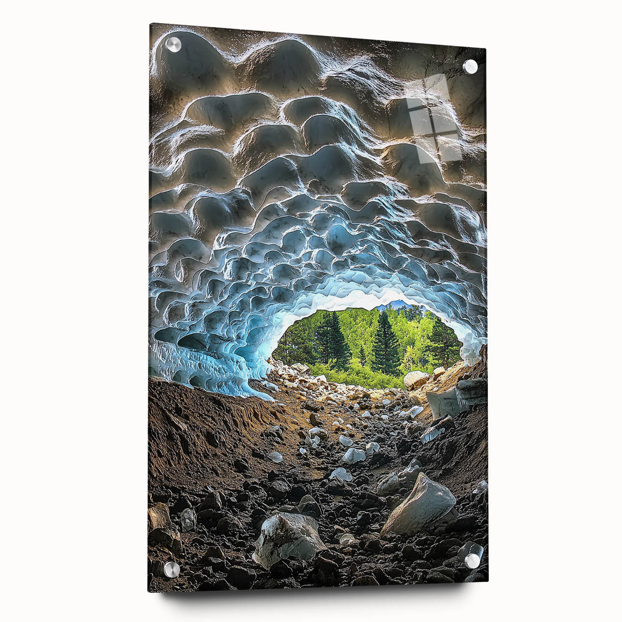 Acrylic glass artwork showcasing a vibrant landscape with dramatic caves, viewed from the side and secured with pins, ideal for modern home decor.