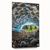 Acrylic glass artwork showcasing a vibrant landscape with dramatic caves, viewed from the side and secured with pins, ideal for modern home decor.