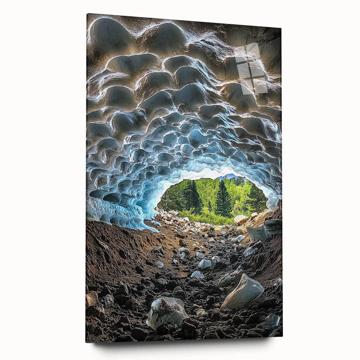 Acrylic glass artwork of a serene landscape with caves, showcasing vibrant colors and intricate details, displayed in a side view without pins, ideal for modern decor.