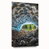 Acrylic glass artwork of a serene landscape with caves, showcasing vibrant colors and intricate details, displayed in a side view without pins, ideal for modern decor.