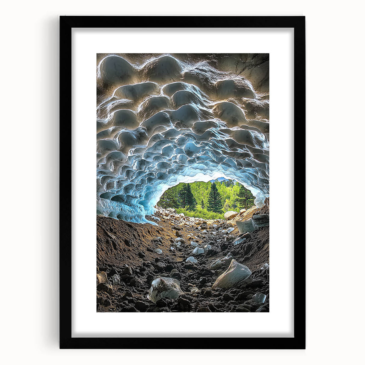 Framed black landscape artwork featuring intricate cave designs, presented in a sleek black frame with a mat, perfect for modern home decor and gallery displays.