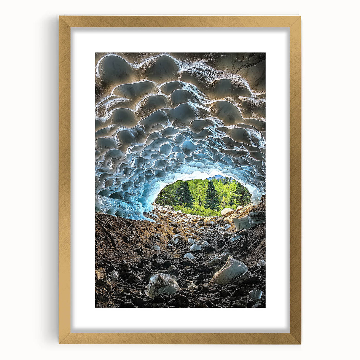 Framed landscape artwork featuring intricate cave designs, set in a gold frame with a white mat, showcasing rich colors and textures for a sophisticated decor accent.