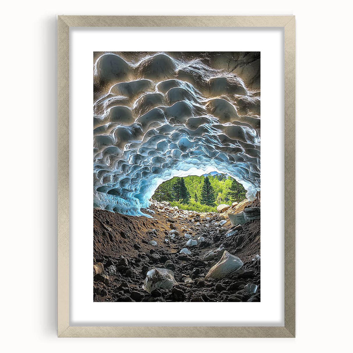 Framed landscape artwork depicting a serene cave scene, featuring a silver mat and elegant frame, perfect for enhancing home decor with natural beauty.