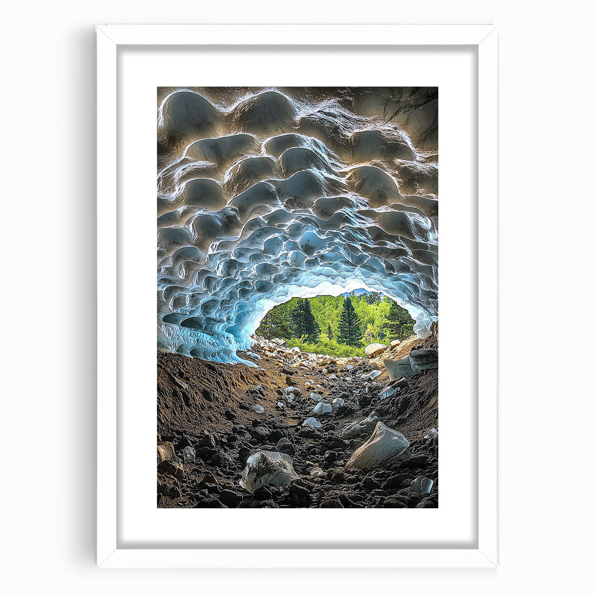 Framed landscape artwork depicting a serene cave scene, featuring a white mat and sleek black frame, ideal for modern home decor and art enthusiasts.