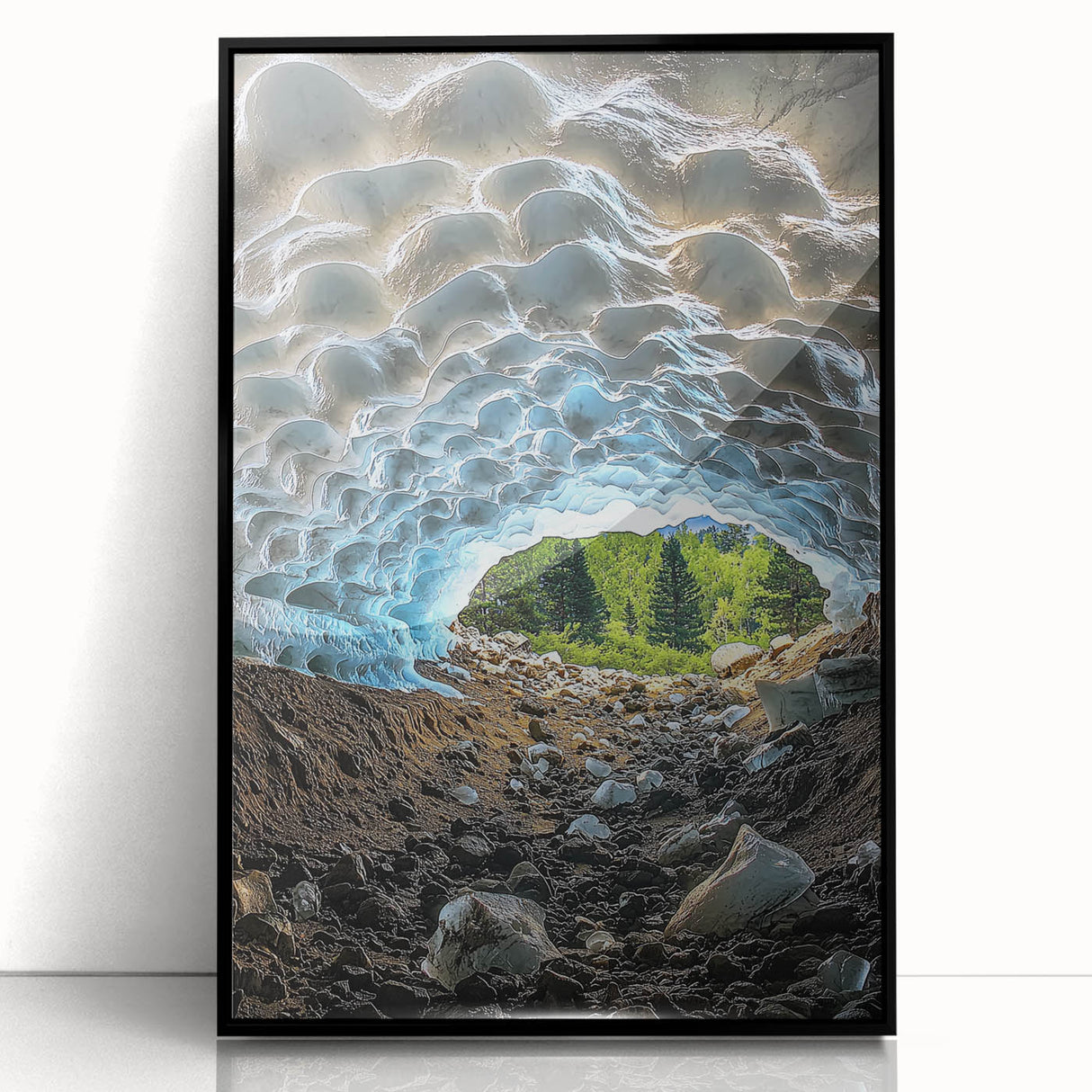 Framed acrylic artwork showcasing a stunning cave landscape with rich details and vibrant colors, set against a sleek black frame, perfect for modern decor.