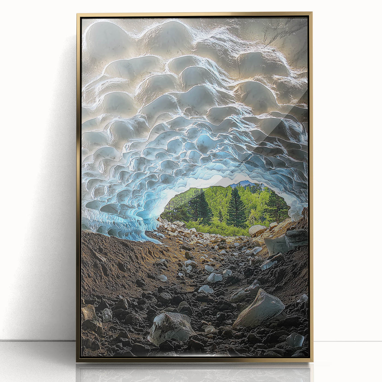 Framed acrylic artwork titled "Landscapes Caves," showcasing a stunning depiction of scenic caves in gold tones. Ideal for modern decor, it adds a touch of elegance to any space.